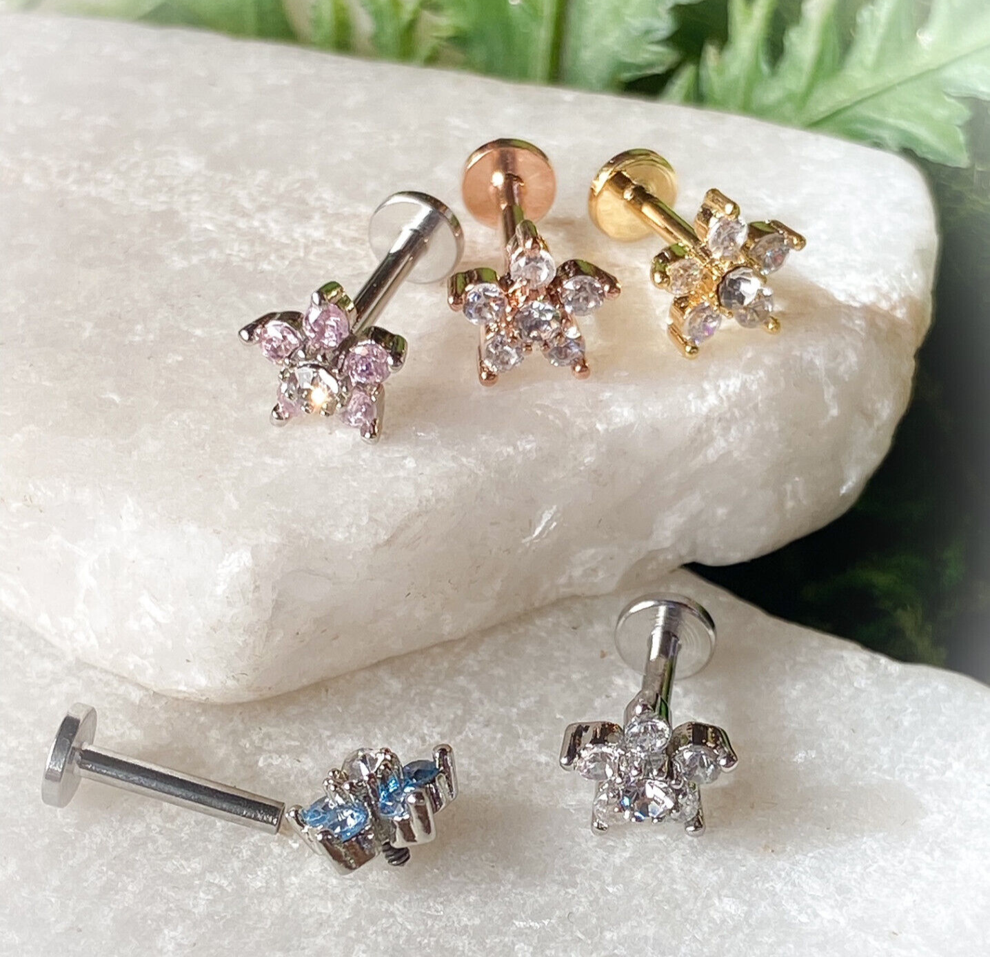 1pc Double Tier Gem Flower Labret 16g Internally Threaded Helix Tragus Cartilage