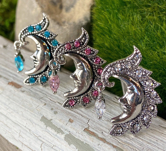 Reverse Crescent Moon Face Belly Ring Marquise CZ Gem Pierced Navel Top down