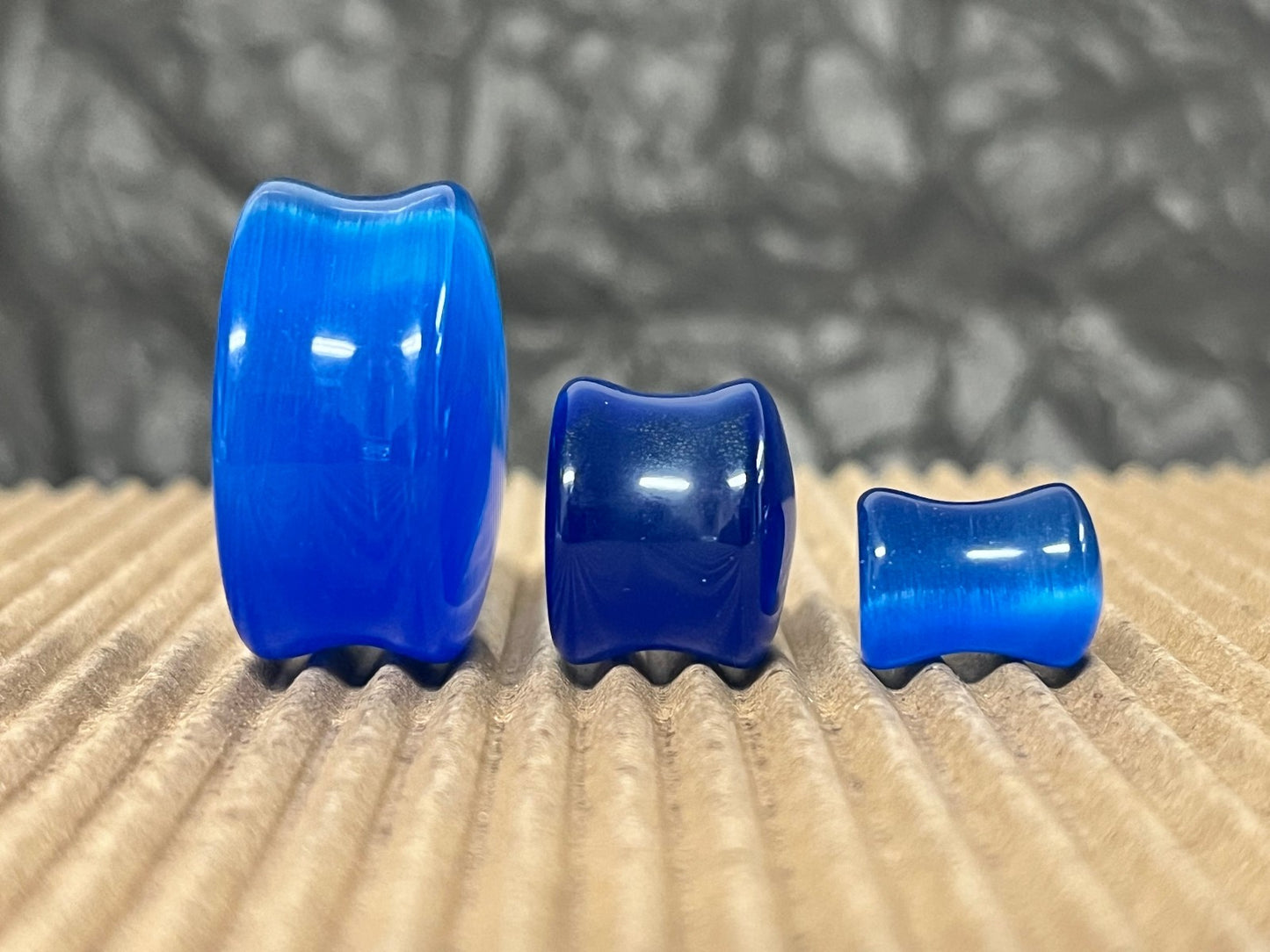 PAIR  Blue Cat Eye Stone Double Flare Plugs Tunnels Earlets Gauges Body Jewelry