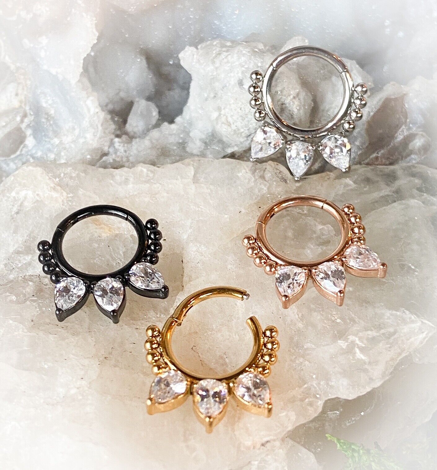 1pc Pear CZ Gems & Beads Hinged Segment Ring 16g Septum Clicker Helix Cartilage