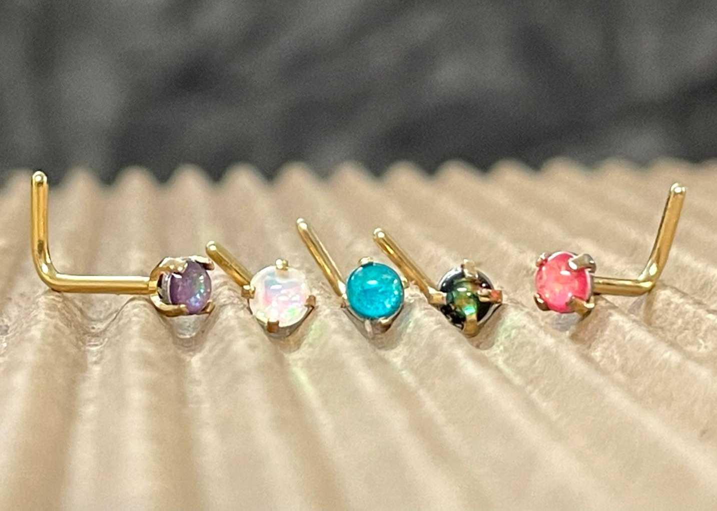1pc Prong Set Opal Sparkle L-Bend Gold Plated Nose Ring 316L Steel Body Jewelry