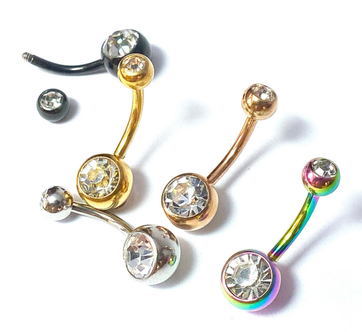 5pc Value Pack Ion Plated Double Gem Belly Rings 14g Navel Naval Body Jewelry