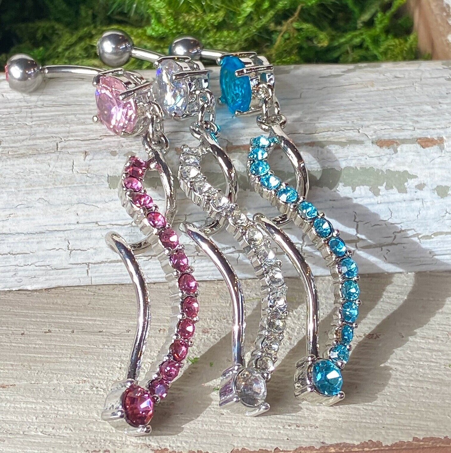 Spiral Dangle Paved CZ Gem Belly Ring Navel Naval Clear, Pink, Aqua, Purple
