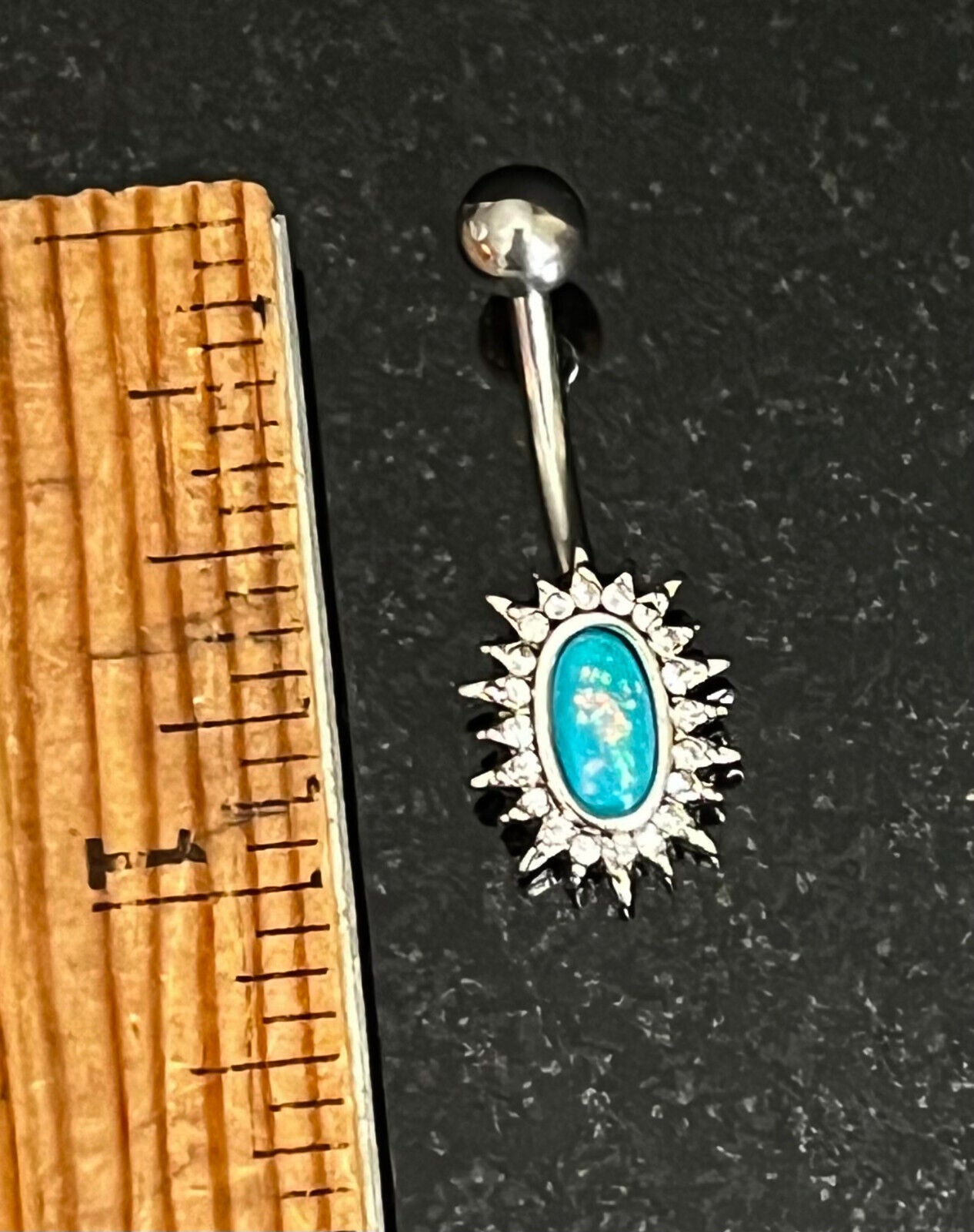 Crystal Paved Oval Sunburst Belly Ring Opal Glitter Center Naval Piercing Navel