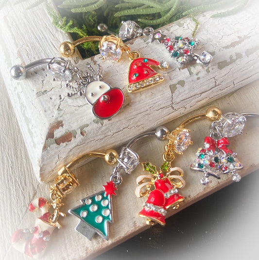 Christmas Dangle Belly Ring Pierced Navel Holiday Surgical Steel 14k Gold IP