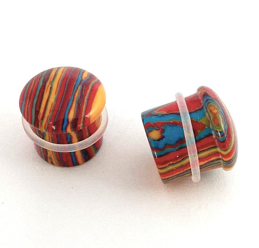 PAIR Primary Colors Tie Dye Malachite Single Flare Stone Plugs Tye Dyed Gauges