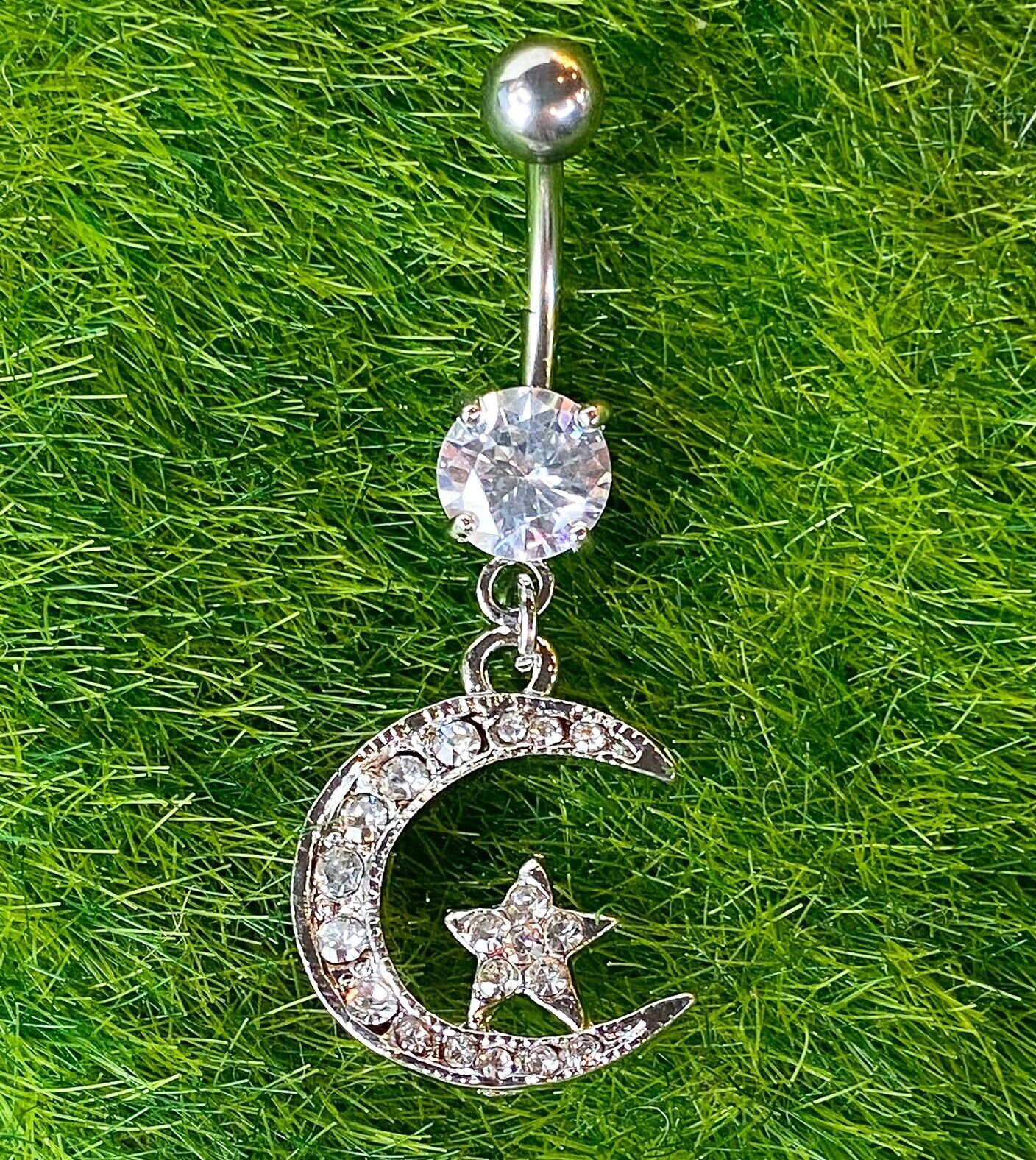 Moon Star Dangle Paved CZ Gem Belly Ring Pierced Navel Naval 14g
