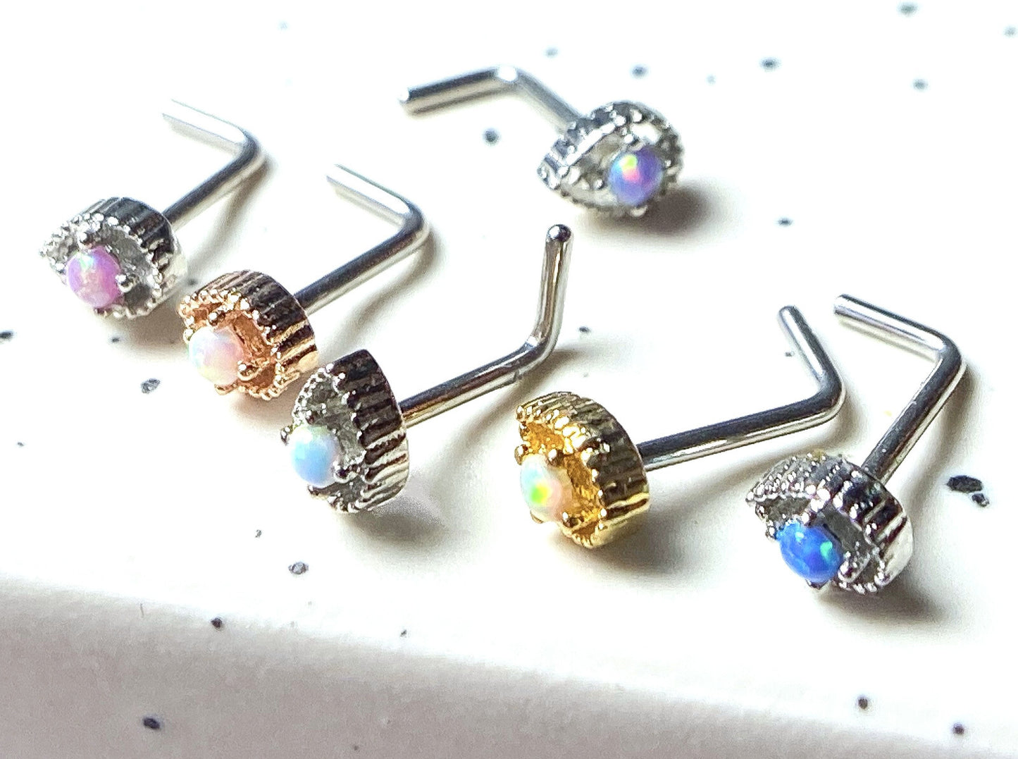 1pc Tear Drop w/ Opal Center 20g L-Bend Nose Ring Stud Screw 316L Surgical Steel