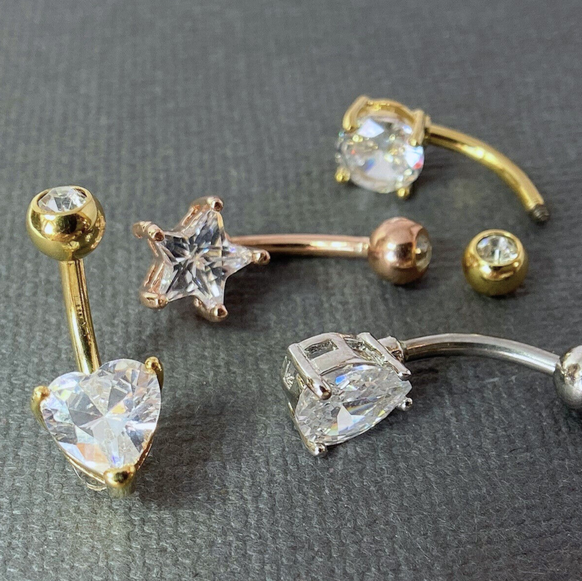 4pc Value Pack Heart, Round, Star, Tear Drop CZ Gem Belly Rings Navel Naval
