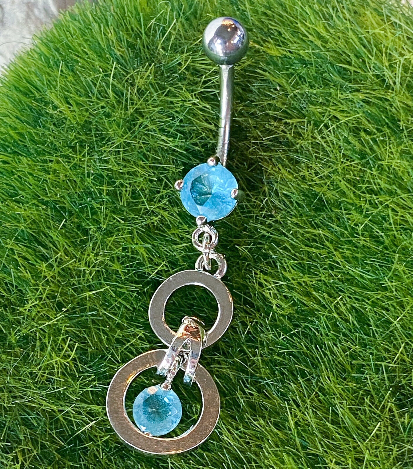Double Circle CZ Gem Dangle Belly Ring Navel Naval Clear, Pink, Aqua