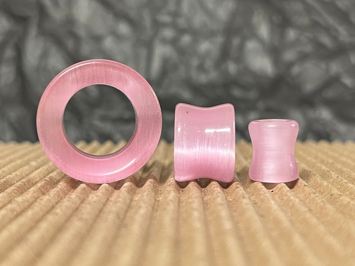 PAIR  Pink Cat Eye Stone Double Flare Tunnels Plugs Earlets Gauges Body Jewelry