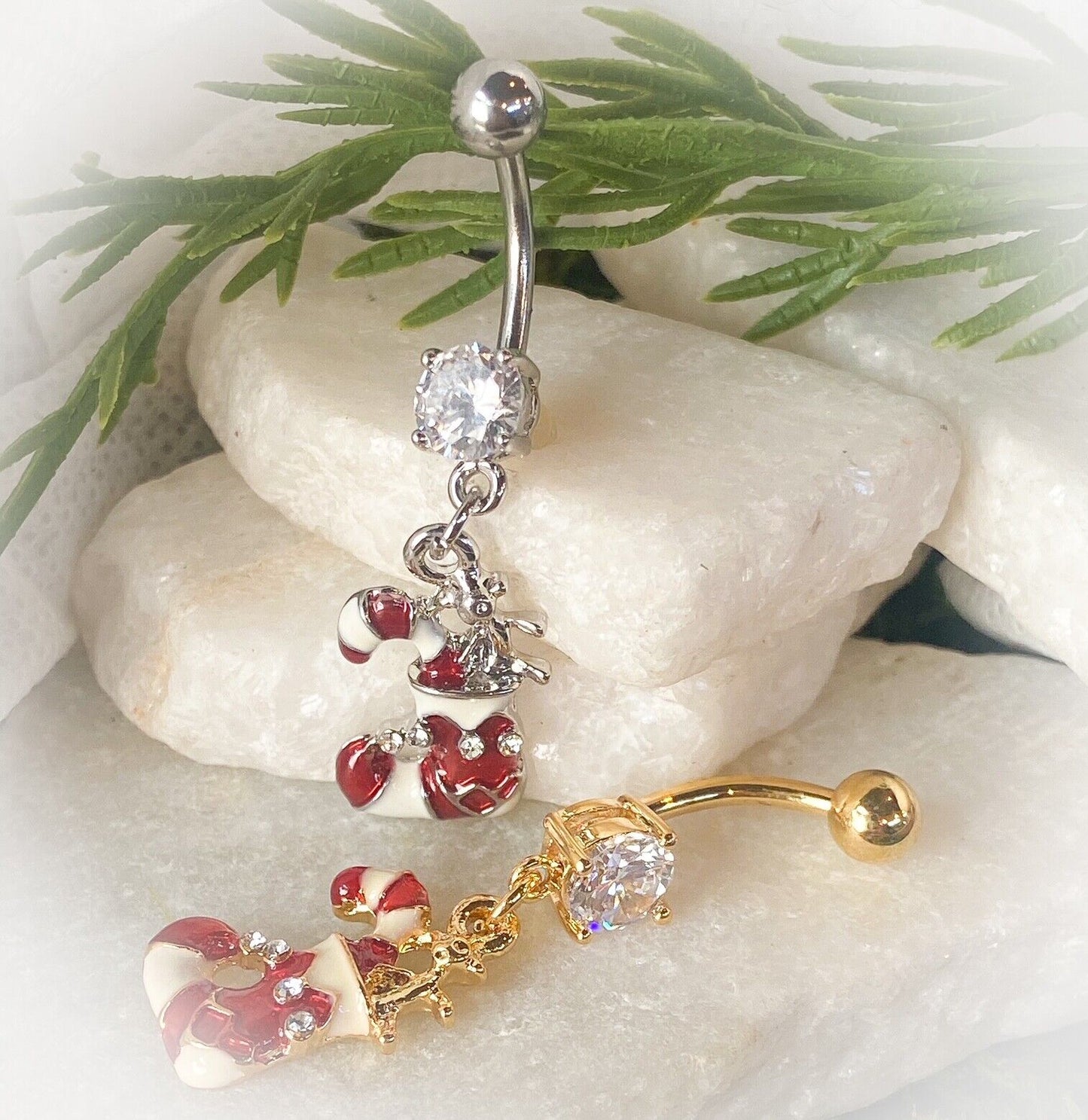Christmas Dangle Belly Ring Pierced Navel Holiday Surgical Steel 14k Gold IP