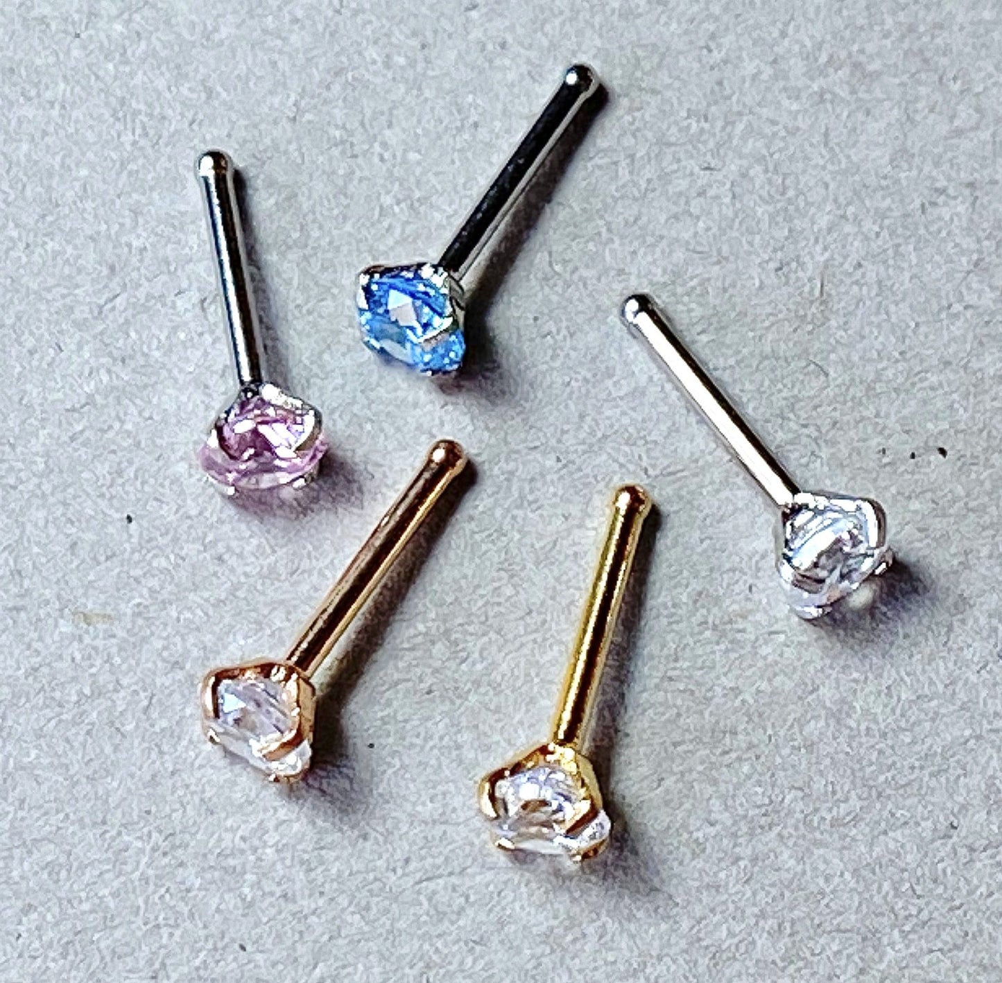 5pcs Prong Set Gem Nose Ring Studs Bones 316L Surgical Steel - choose gem size