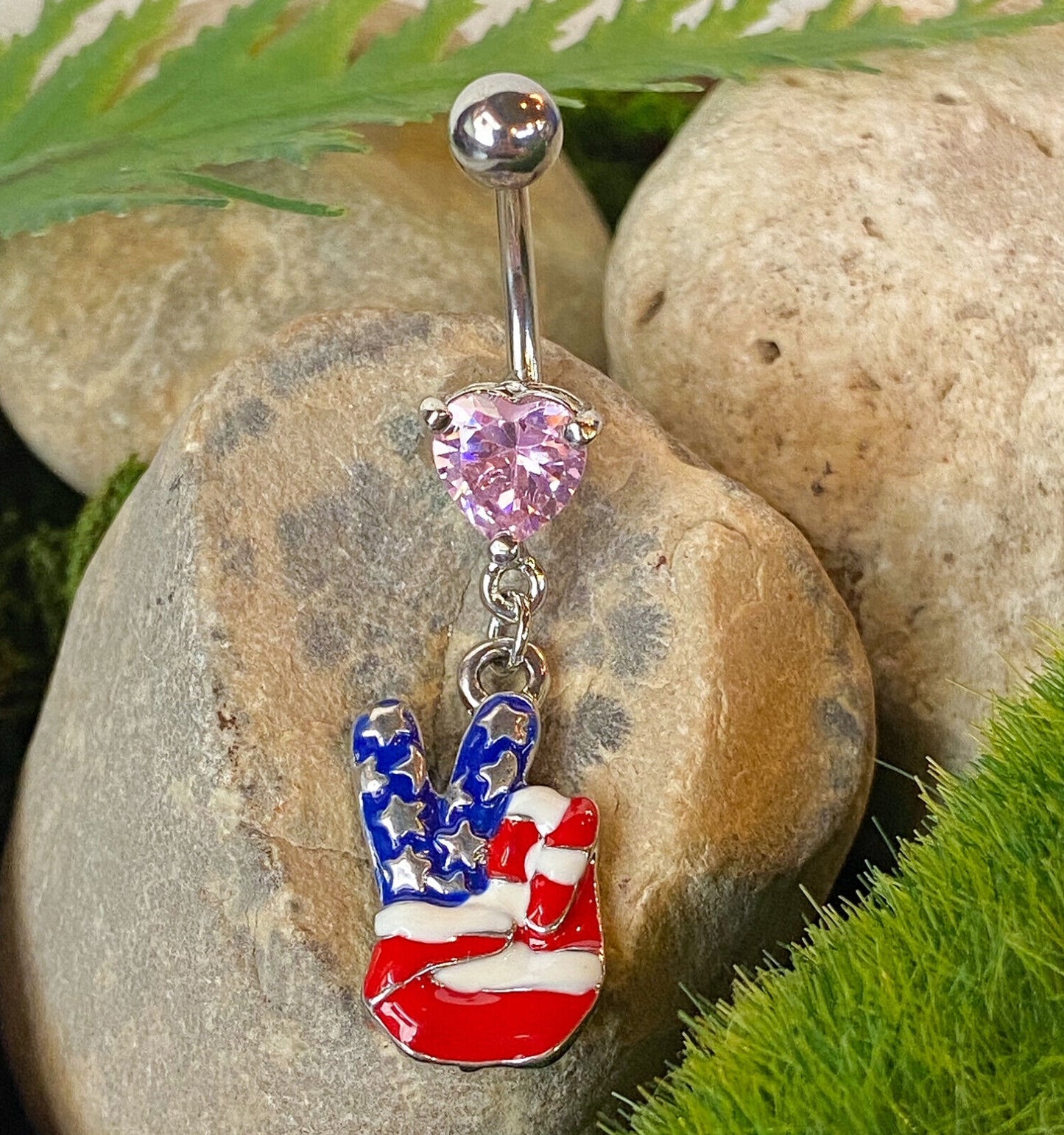 Fingers Peace Sign American Flag Heart Gem Belly Ring Navel Piercing Naval