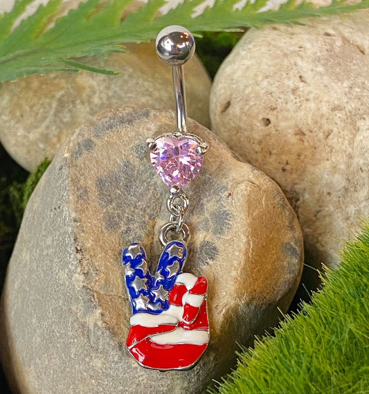 Fingers Peace Sign American Flag Heart Gem Belly Ring Navel Piercing Naval