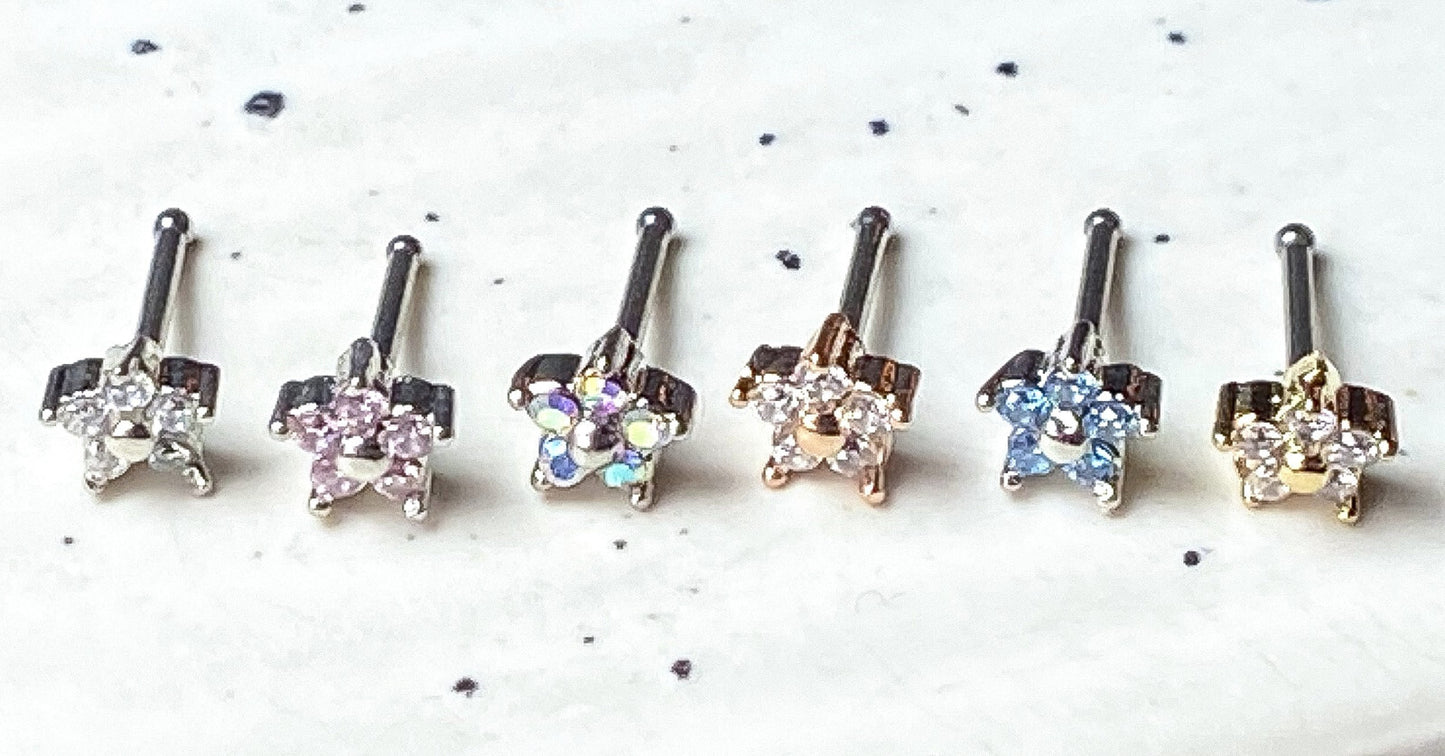 1pc Five CZ Gem Flower Top Nose Ring Bone Stud 20g 316L Surgical Steel