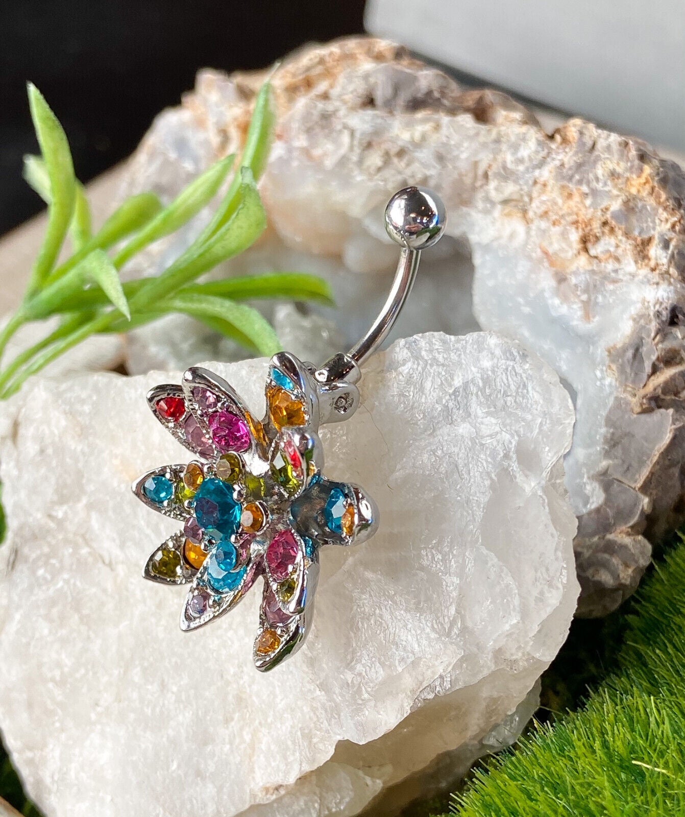 Hinged Multi-color Gem Flower Belly Ring Navel Naval Piercing Body Jewelry