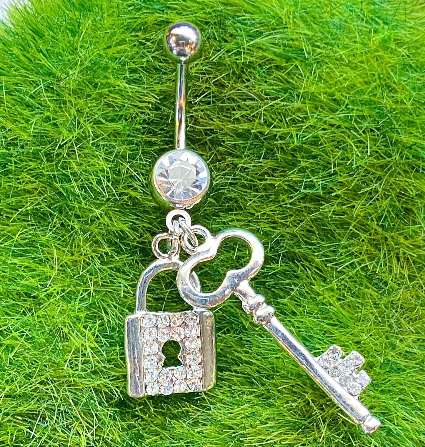 Paved Lock & Key CZ Gem Belly Ring Navel Naval Clear, Pink, Aqua