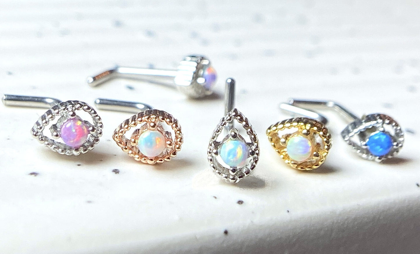 1pc Tear Drop w/ Opal Center 20g L-Bend Nose Ring Stud Screw 316L Surgical Steel