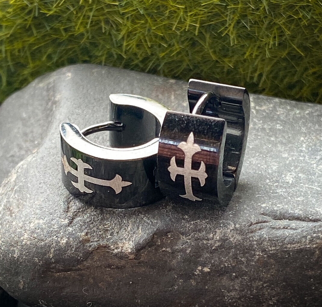 PAIR of Black Steel Hinged Wide Hoop Huggies Earrings w/ Gothic Medieval Cross