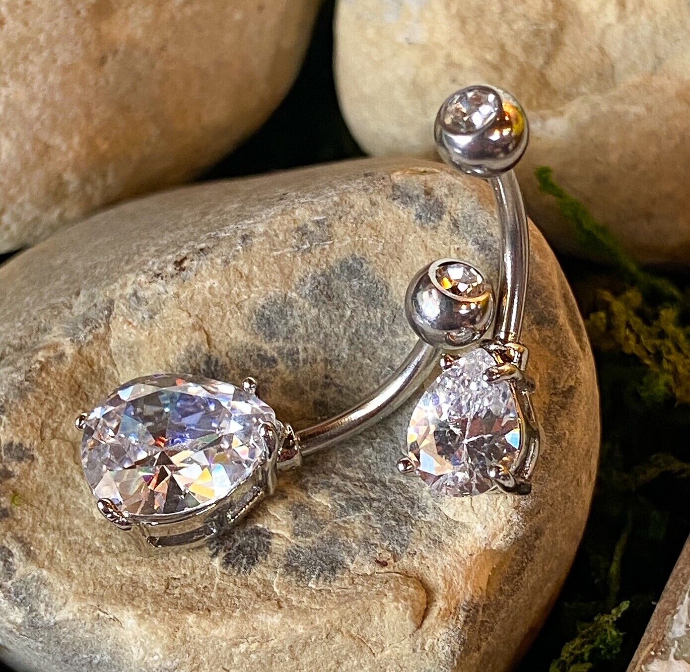 1pc Double Gemmed Teardrop CZ Gem Prong Set Solitaire Belly Ring Navel Naval