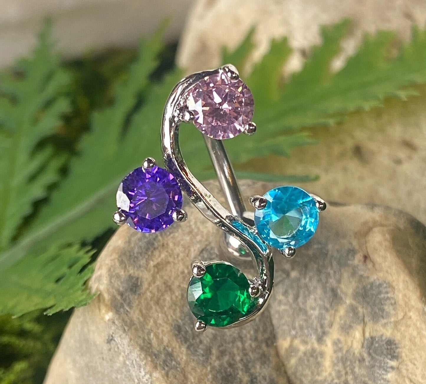 Reverse Vine CZ Gem Belly Ring Navel Top Down Naval Body Jewelry