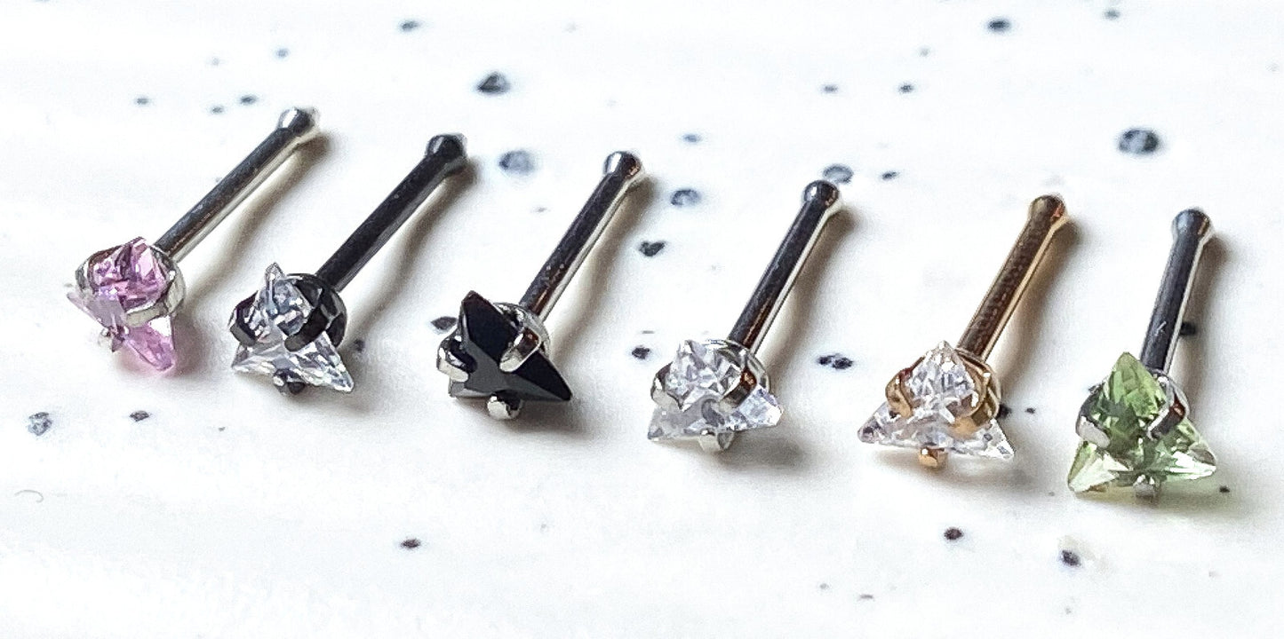 1pc Triangle CZ Gem Top 20g Nose Ring Stud Bone 316L Surgical Steel