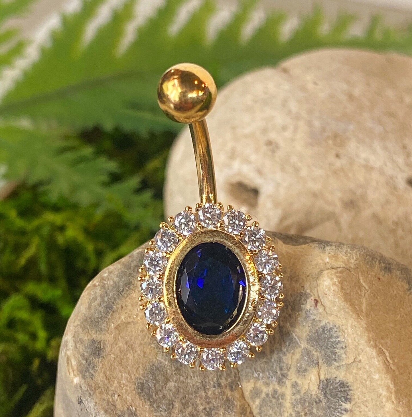 1pc Large Oval Shape CZ 14Kt Gold Plated Pierced Belly Navel Naval Ring