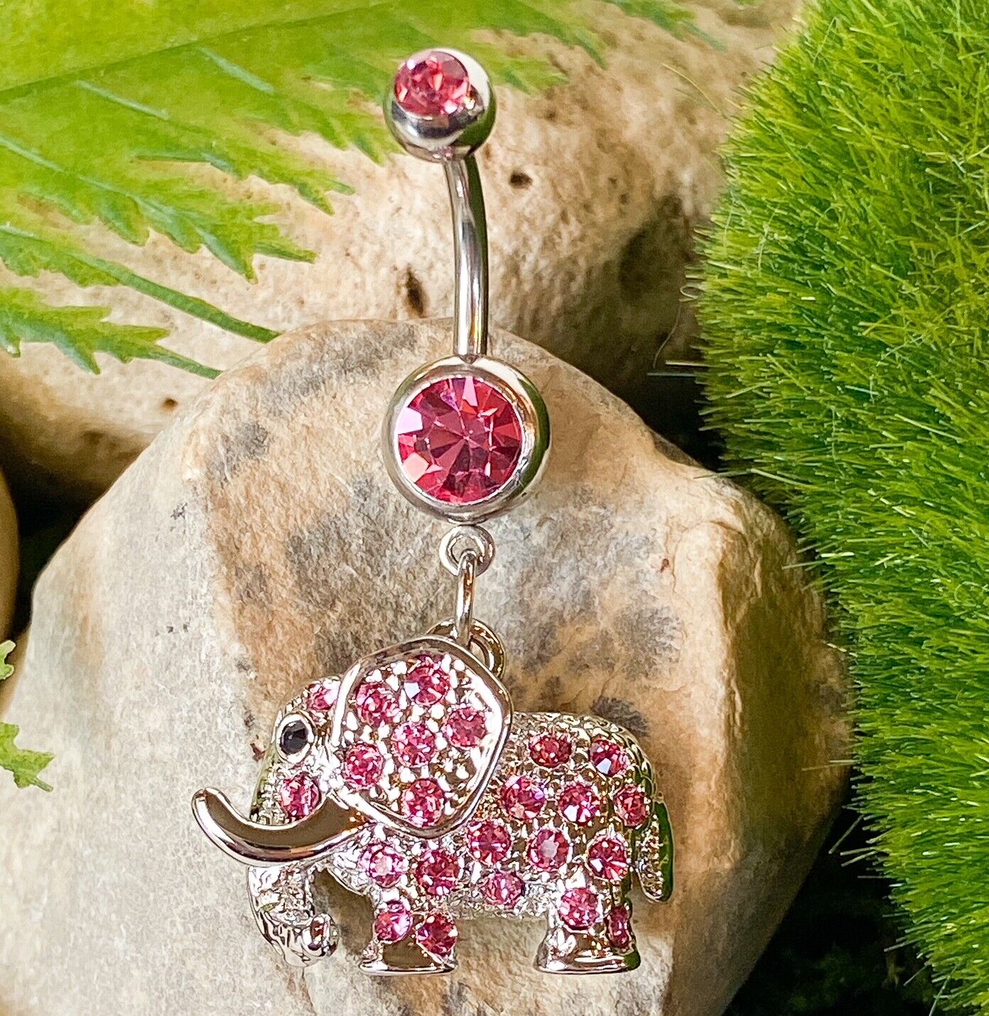 Elephant Dangle Belly Ring Paved CZ Gems Pierced Navel Naval Tusk 14g