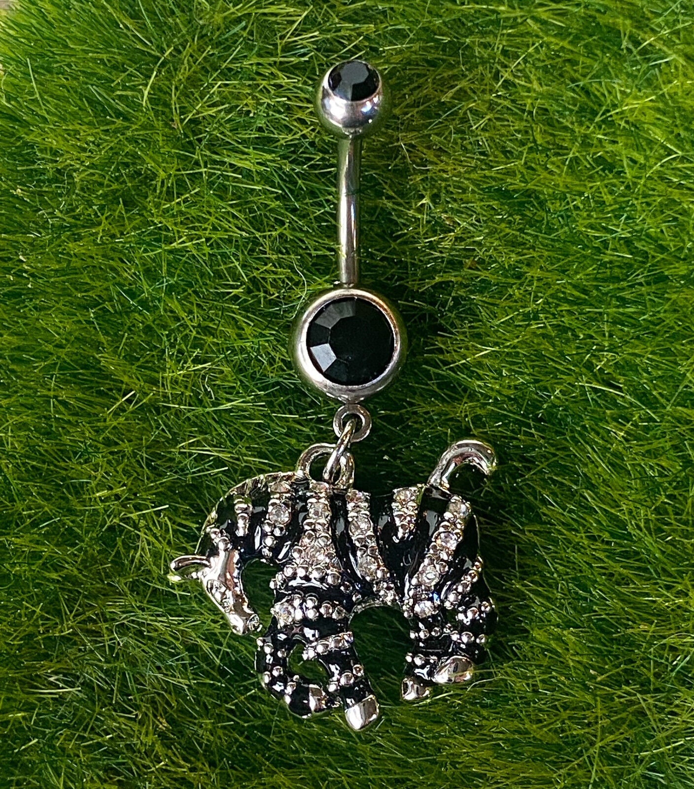 Zebra Black Enamel Paved CZs Striped Dangle Belly Ring Pierced Navel Print 14g