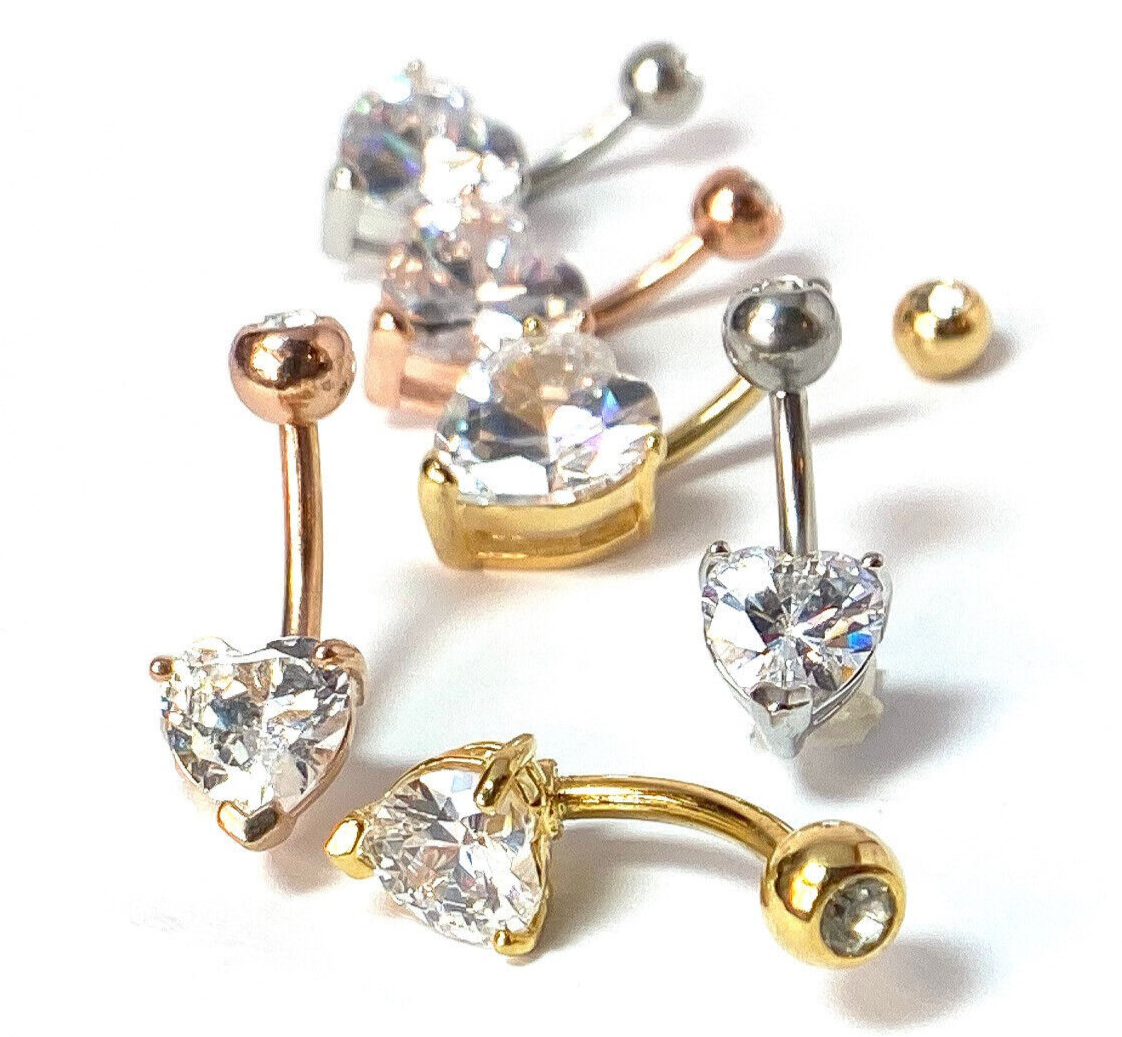 3pc Value Pack Heart Prong Set CZ Gem Gold Plated Steel Belly Rings Navel Naval