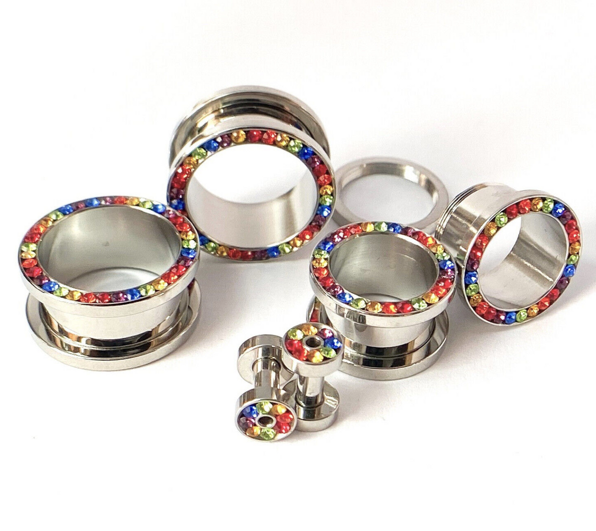 PAIR Rainbow CZ Gem Rimmed 316L Surgical Steel Screw Fit Tunnels Plugs Gauges