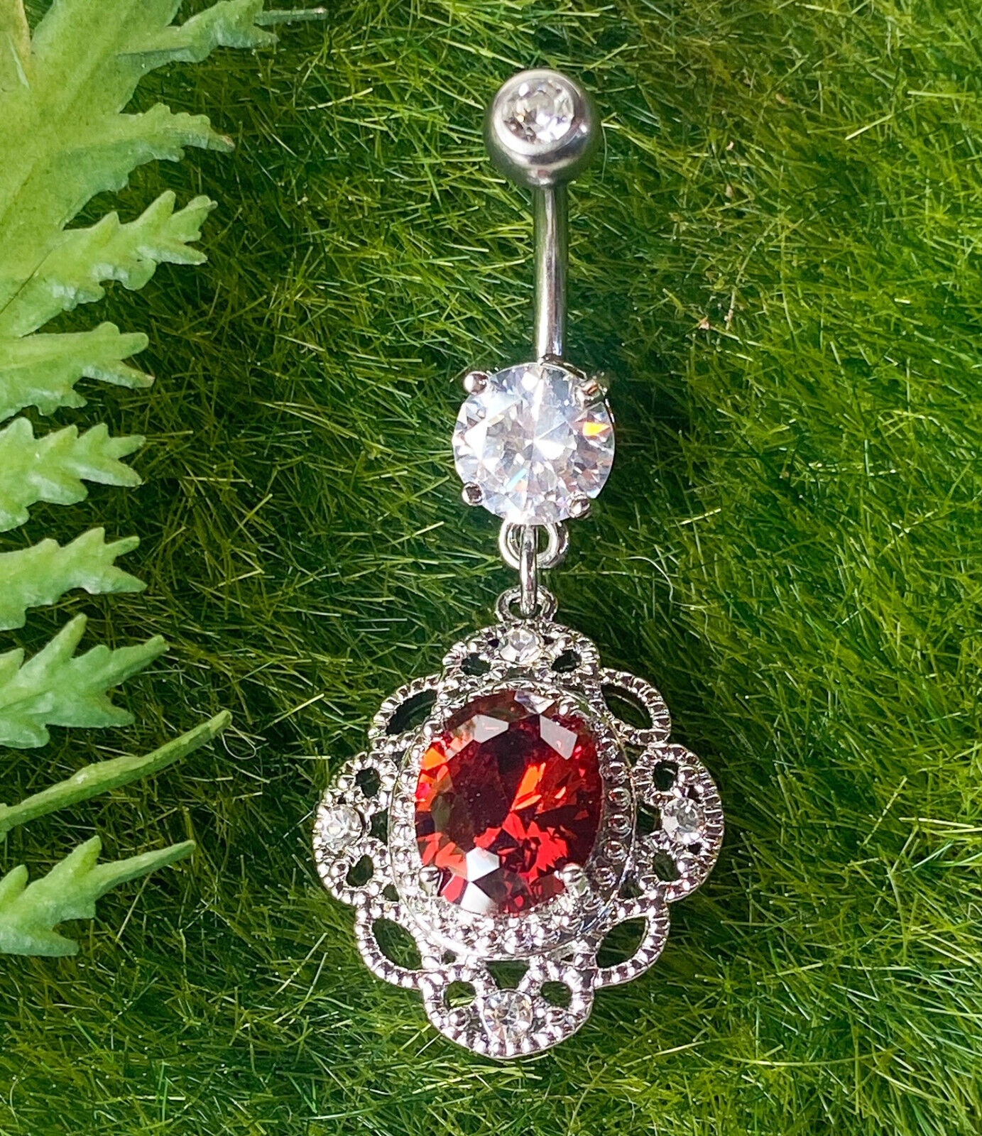 1pc Oval CZ Centered Tribal Floral Design Dangle Pierced Belly Navel Ring