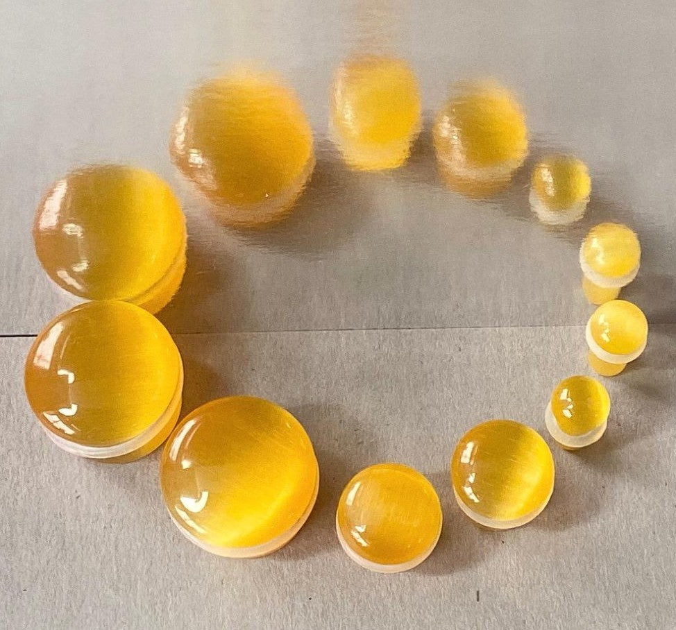 PAIR Yellow Cat Eye Stone Plugs Single Flare Tunnels Earlets Gauges Body Jewelry