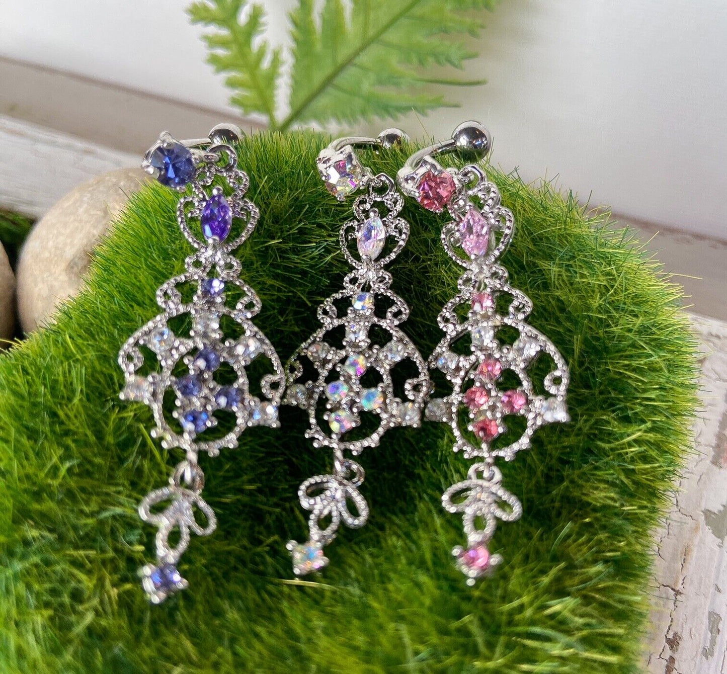 Reverse Chandelier CZ Gems Ring Navel Naval Aurora Borealis, Pink, Tanzanite