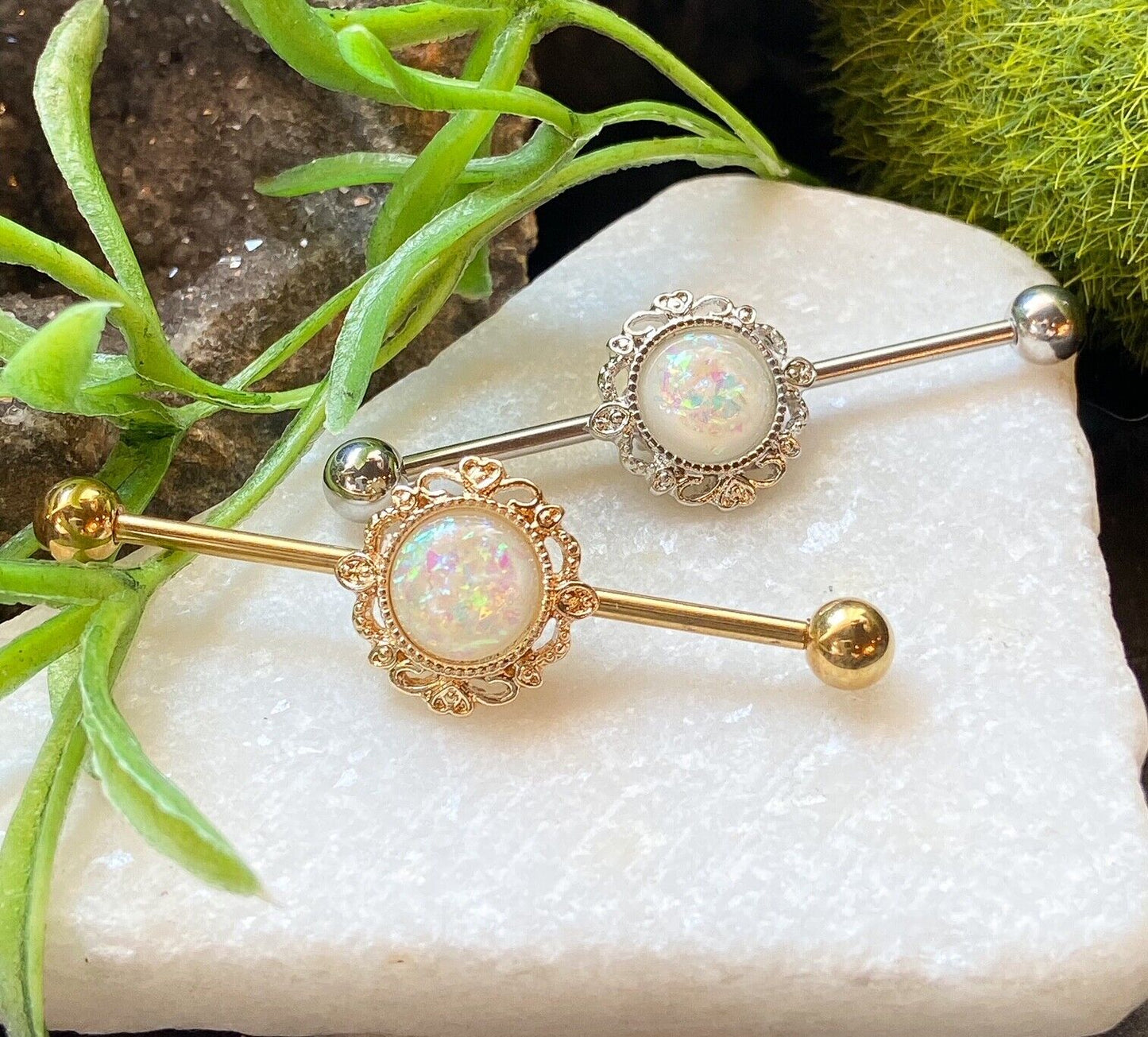 1pc Opal Glitter Lacey Filigree Edge Industrial Barbell - choose Steel or Gold