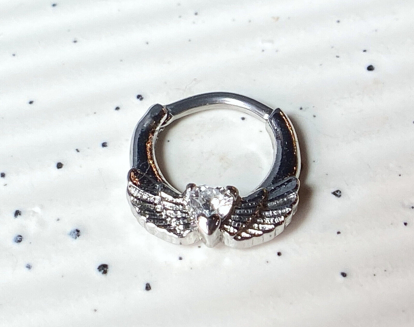 1pc Angel Wings w/Heart CZ Gem Septum Clicker Nose Ring Body Jewelry