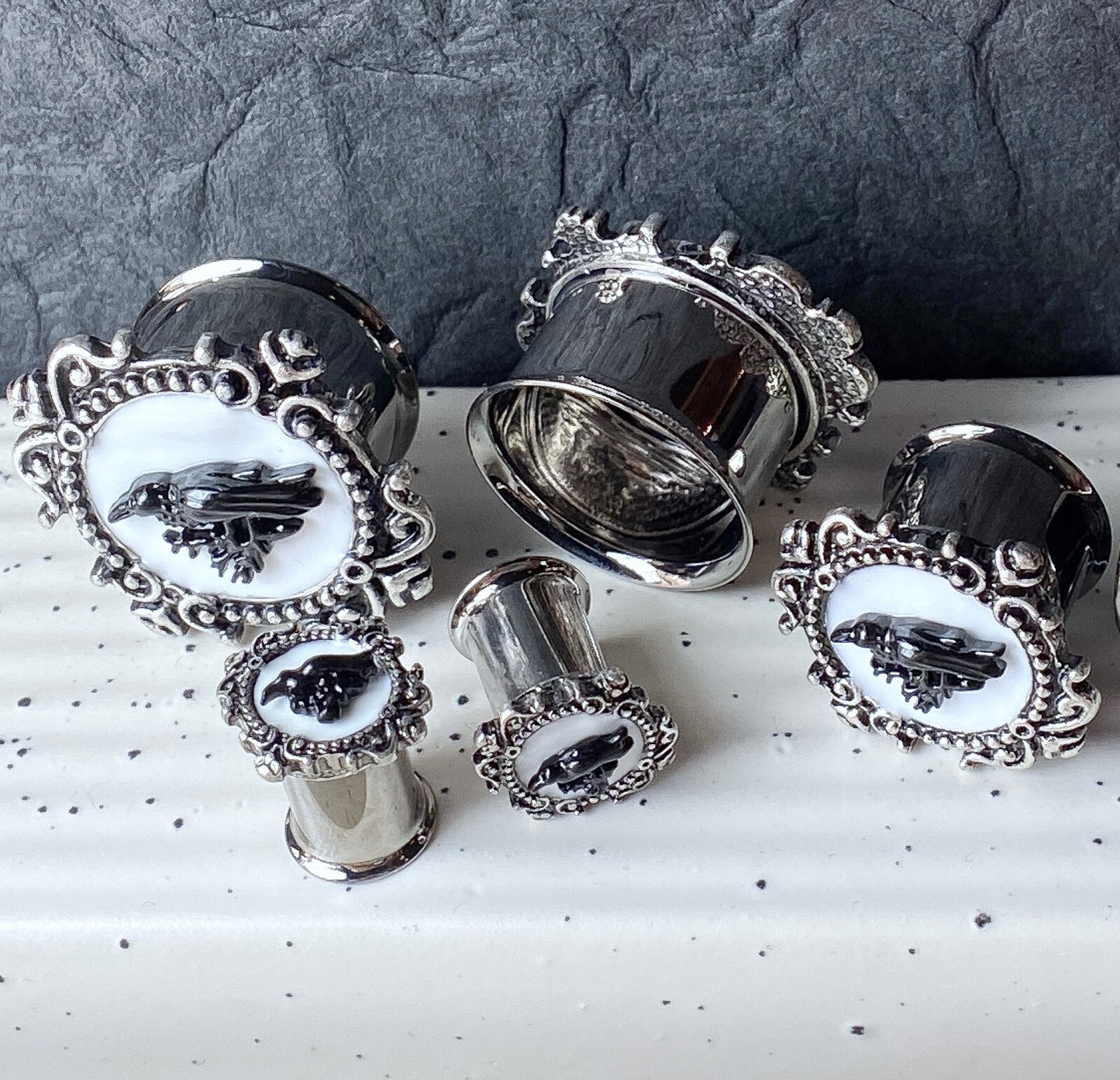 PAIR Poe the Raven Vintage Frame Steel Double Flare Tunnels Plugs Earlet Gauges
