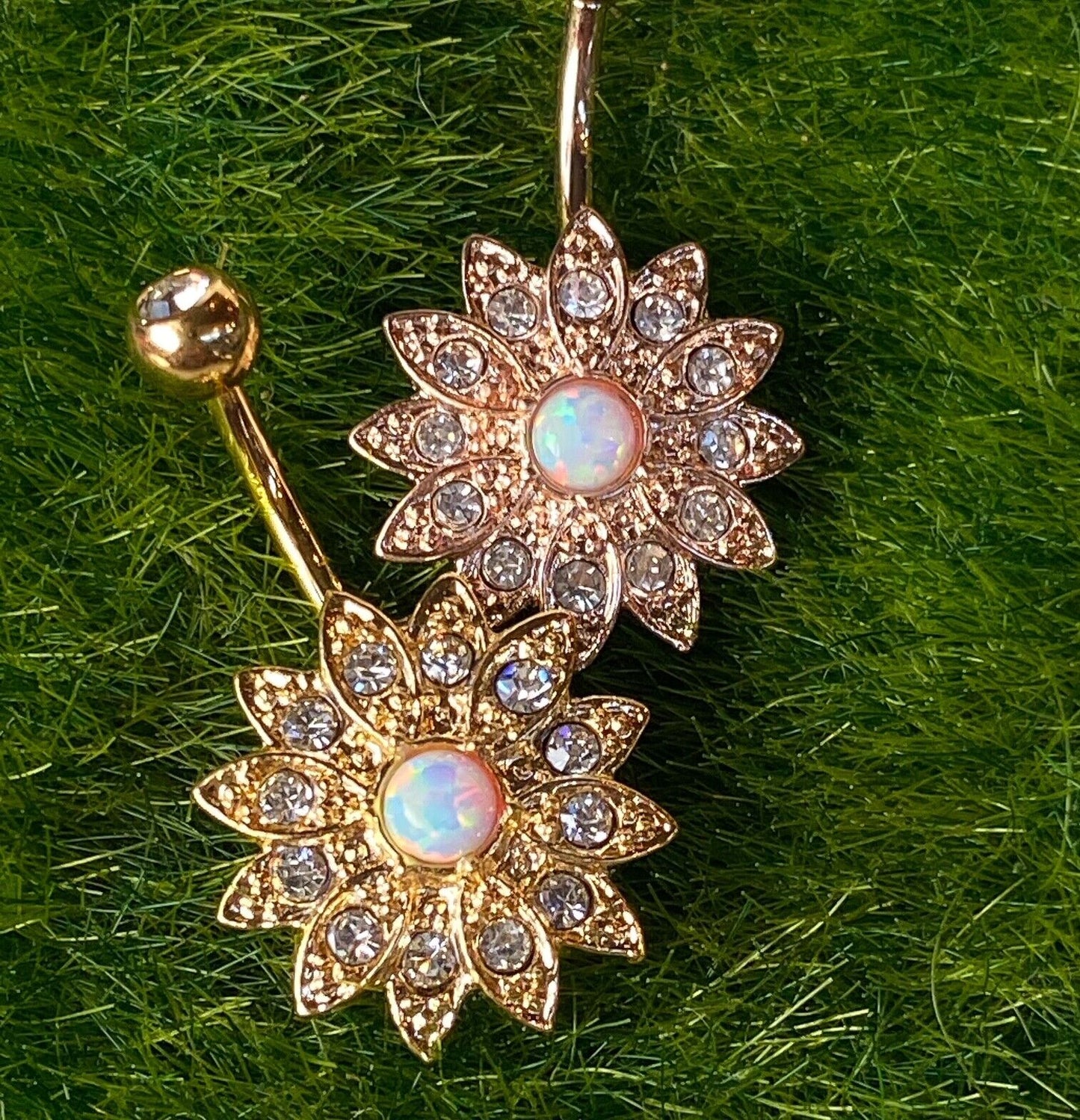 Paved Gems Flower Opal Belly Button Ring Pierced Navel IP 14kt Gold, Rose Gold