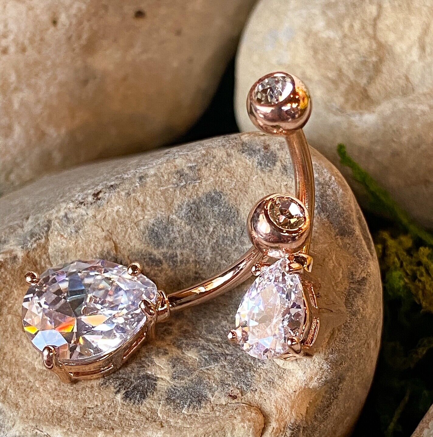 1pc Double Gemmed Teardrop CZ Gem Prong Set Solitaire Belly Ring Navel Naval
