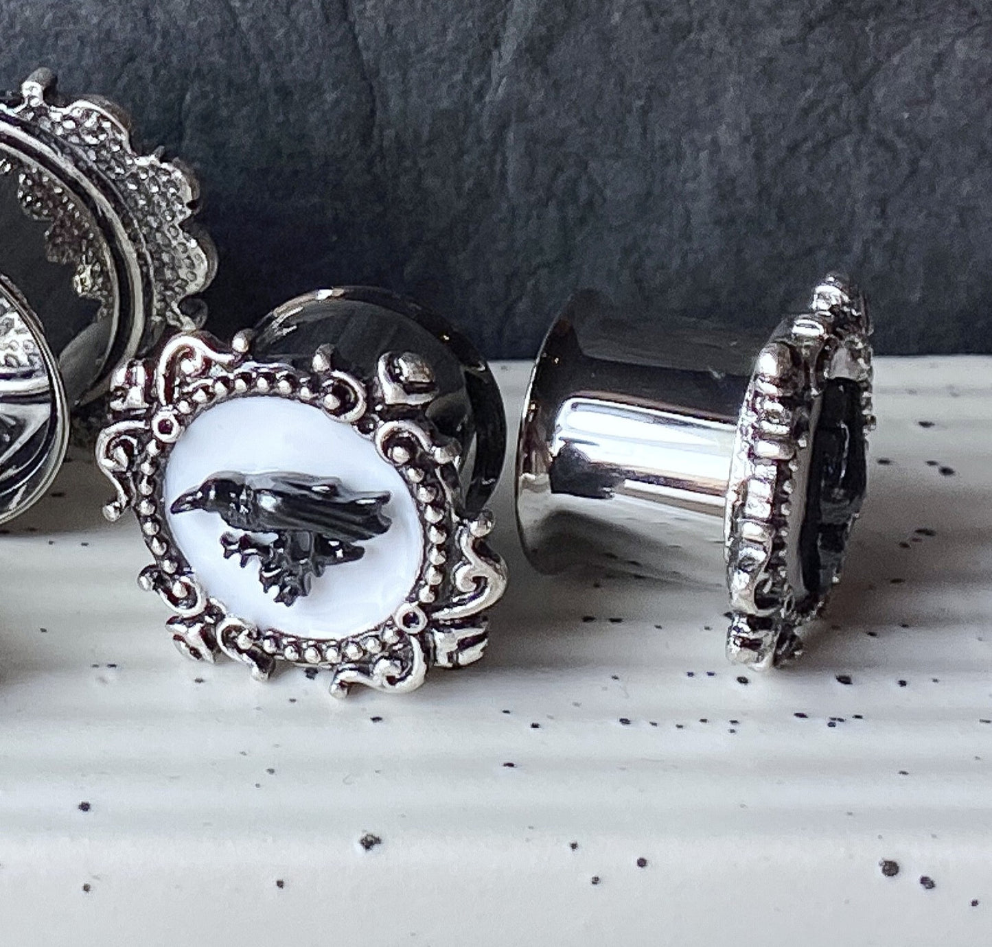 PAIR Poe the Raven Vintage Frame Steel Double Flare Tunnels Plugs Earlet Gauges