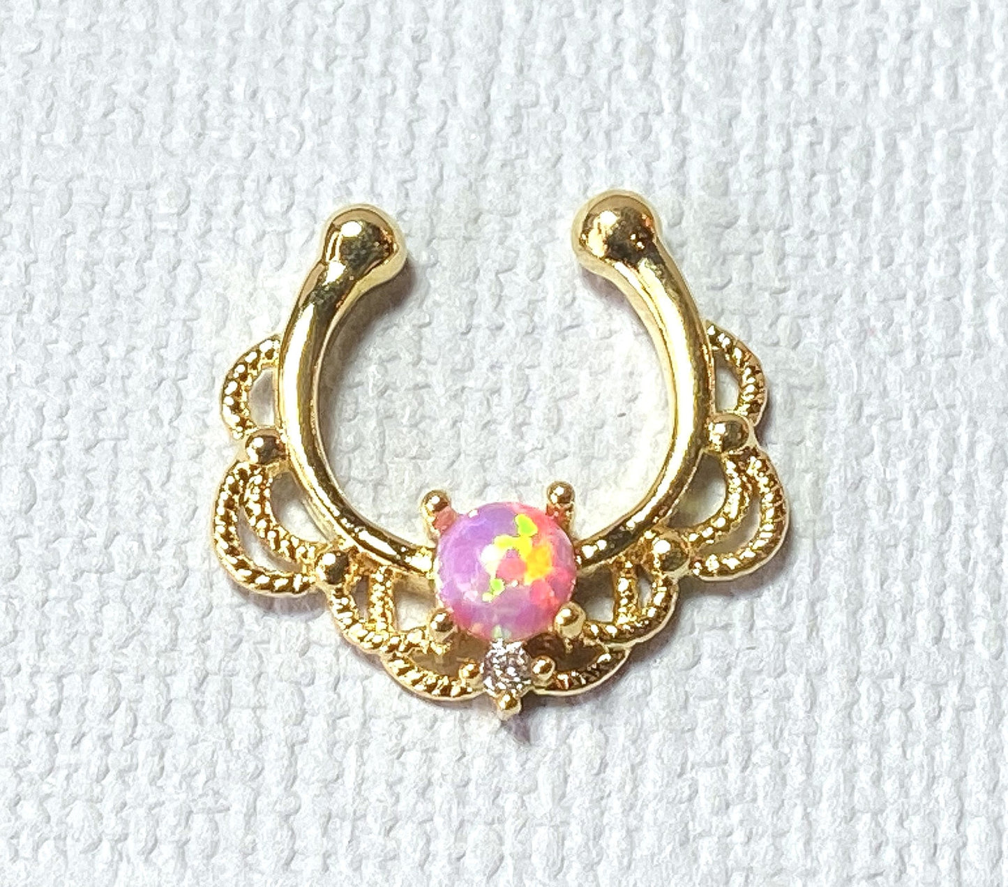 1pc NON-Pierced 14k Gold Plated Lacey Single Opal Septum Fake Clip-on Nose Ring