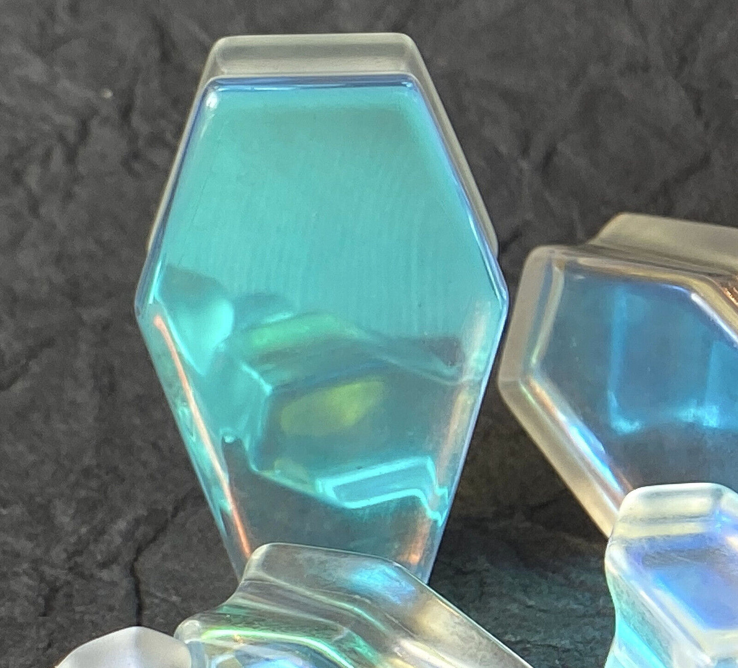 PAIR Luminous Moonstone Iridescent Glass Coffin Shaped Plugs Gauges Tunnels