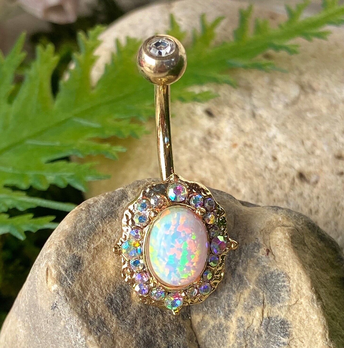 Opal Center Belly Ring Paved Aurora Borealis Gems Pierced Navel IP 14k Gold