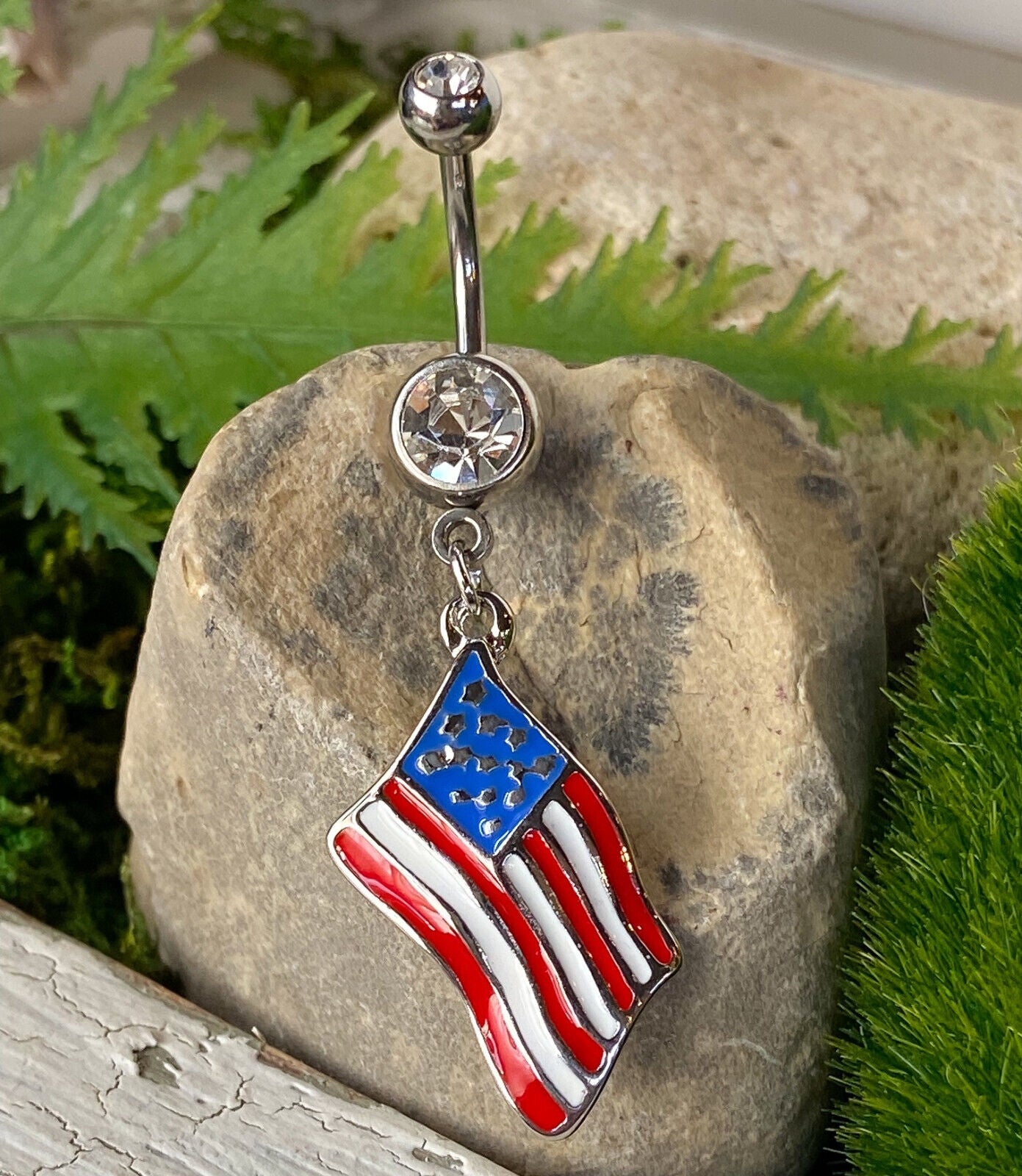 Flag Belly Ring 316L Surgical Steel Pierced Navel Naval Patriotic Country CZ Gem