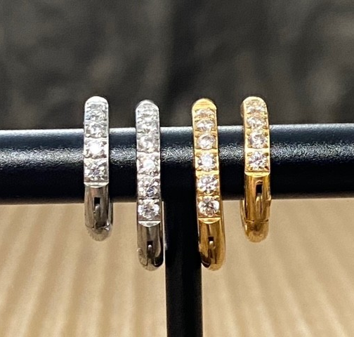 PAIR CZ Gem Accented Hinged Hoop Earrings 316L Stainless Steel Hinge Action 18g