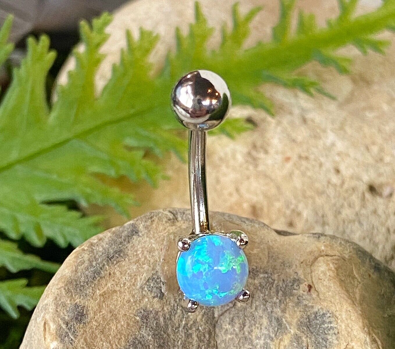 Solitaire Opal Stone Belly Ring Pierced Navel Rose Gold, Blue, Green, Pink