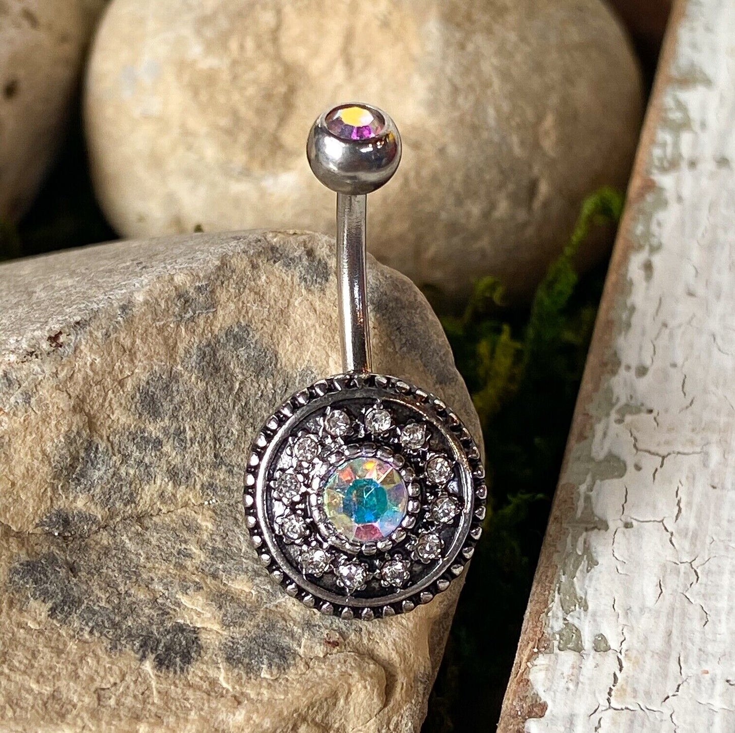 Vintage Shield CZ Gem Belly Ring Pierced Navel 14g Aurora Borealis, Pink, Aqua