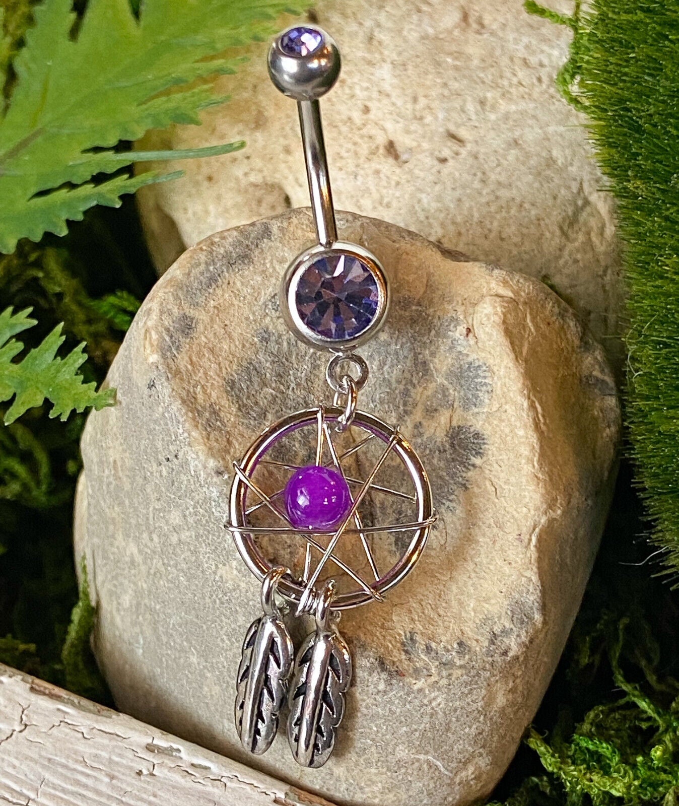 Dream Catcher Woven Star Bead Feathers Gem Belly Button Ring Navel Naval