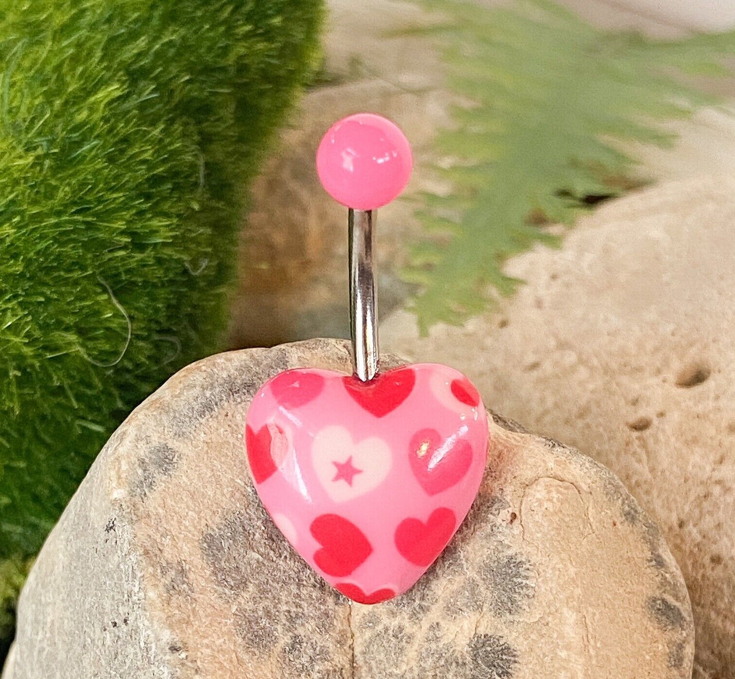 Acrylic Heart Belly Ring Navel Naval Print Black,White, Pink, Blue Stars Cherry